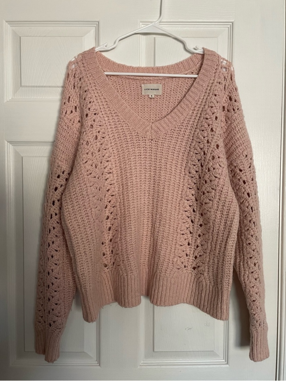 Lucky Brand Wool Blend Women’s XL Dusty Pink V-Neck Crochet Knit Sweater